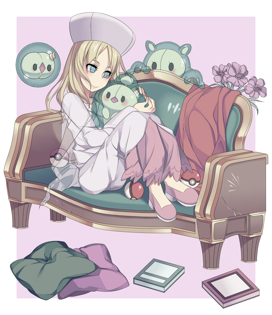 1girl book caitlin_(pokemon) couch duosion hikawa_meijin on_couch pokemon reuniclus solosis