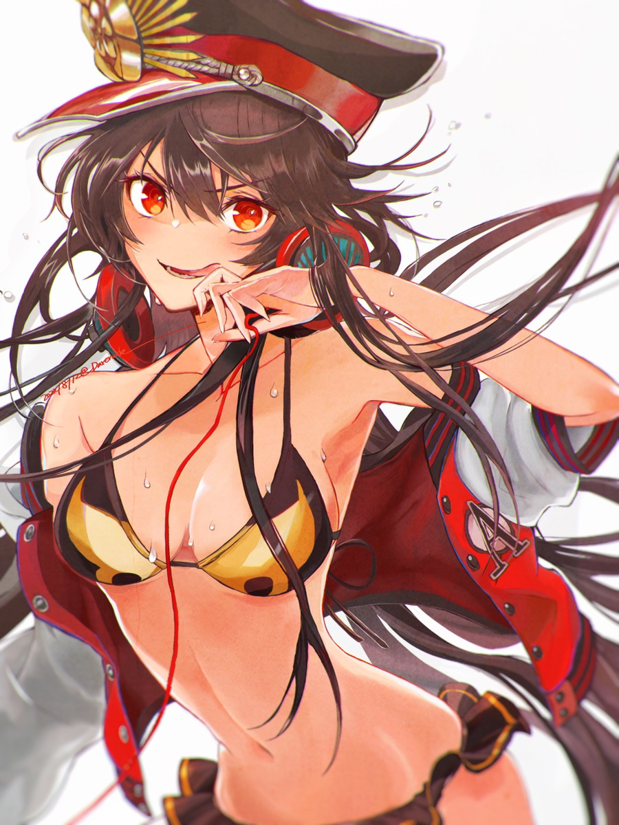 1girl bikini black_bikini breasts darenoda facing_viewer family_crest fate/grand_order fate_(series) hair_between_eyes hat headphones headphones_around_neck highres jacket letterman_jacket long_hair long_sleeves looking_at_viewer medium_breasts midriff military_hat navel oda_nobunaga_(fate) oda_nobunaga_(swimsuit_berserker)_(fate) oda_uri open_mouth peaked_cap red_eyes simple_background smile solo swimsuit upper_body very_long_hair white_background