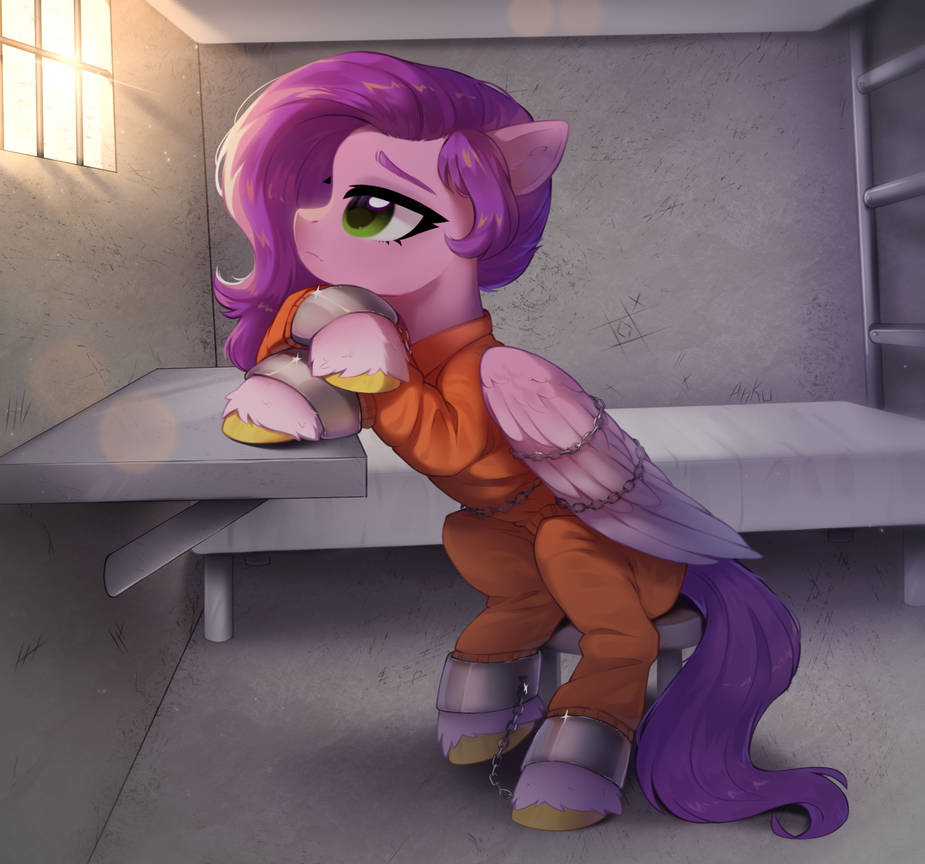 anklecuffs anku_(artist) clothing cuff_(restraint) equid equine eyebrows eyelashes feathered_wings feathers female feral fetlocks folded_wings fur hair handcuffs hasbro hooves mammal mane metal_cuffs mlp_g5 my_little_pony pegasus pink_body pink_feathers pink_fur pipp_petals_(mlp) prison prison_uniform prisoner purple_hair purple_mane purple_tail restraints tail uniform window wings wings_tied yellow_hooves