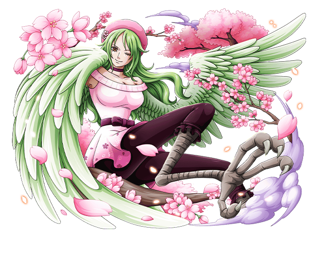 1girl bird_girl bodskih breasts cherry_blossoms dress feathers flower green_feathers green_hair hand_wings harpy large_breasts long_hair looking_at_viewer monet_(one_piece) monster_girl official_art one_eye_closed one_piece one_piece_treasure_cruise pink_dress short_dress tree
