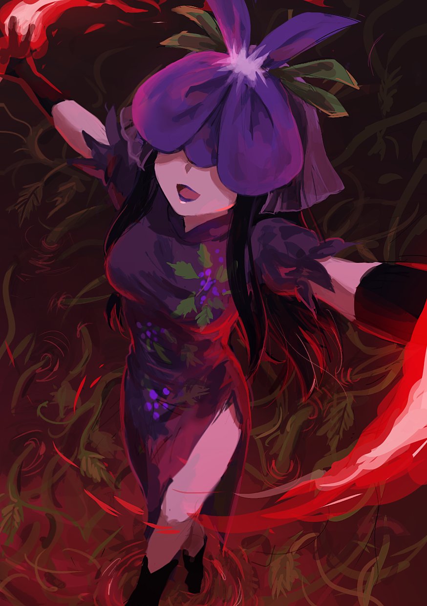 1girl black_footwear black_gloves black_hair boots breasts commentary dress english_commentary flower flower_on_head food_print fruit_print gloves grape_print highres himuhino knee_boots long_hair medium_breasts open_mouth purple_dress purple_flower short_sleeves smile solo touhou vine_print yomotsu_hisami