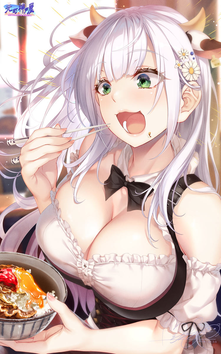 1girl animal_ears apron black_bow black_bowtie blush bodice bow bowtie breasts cleavage clothing_cutout corset cow_ears cow_horns cross-laced_clothes cross-laced_cutout detached_sleeves dirndl flower food food_focus german_clothes grey_hair hair_flower hair_ornament highres hololive horns hozumi_kaoru large_breasts long_hair maid official_alternate_costume official_alternate_hair_length official_alternate_hairstyle puffy_detached_sleeves puffy_short_sleeves puffy_sleeves shirogane_noel shirogane_noel_(dirndl) short_sleeves solo very_long_hair virtual_youtuber white_apron