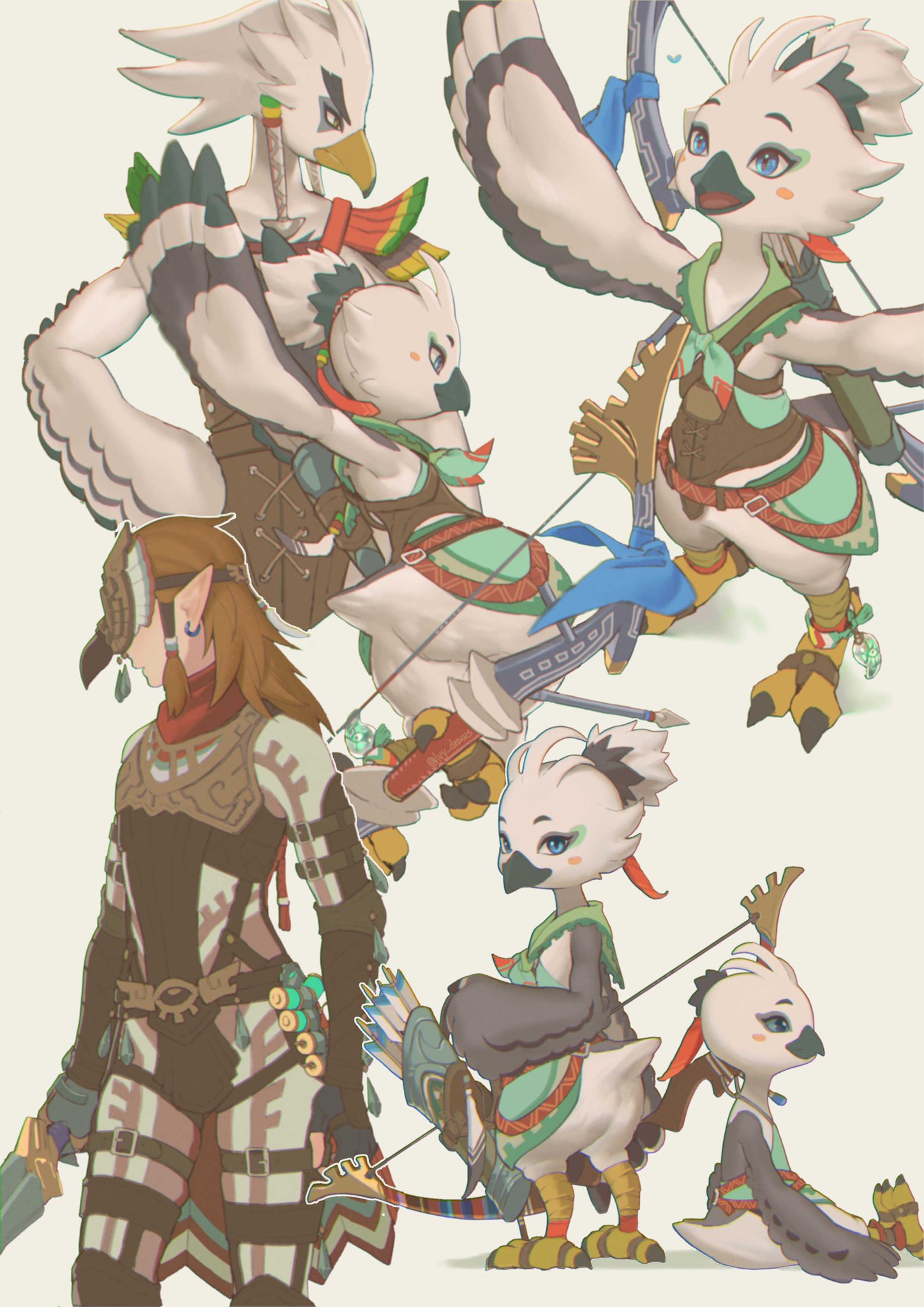 1girl 2boys :d arrow_(projectile) bare_shoulders beak bird_boy bird_girl blue_eyes body_fur bow_(weapon) earrings fake_beak furry furry_female furry_male happy highres holding holding_bow_(weapon) holding_sword holding_weapon ivy_(sena0119) jewelry link long_hair mask multiple_boys multiple_views open_mouth pointy_ears ponytail profile quiver rito sitting smile standing sword tattoo teba_(zelda) the_legend_of_zelda the_legend_of_zelda:_tears_of_the_kingdom weapon winged_arms wings