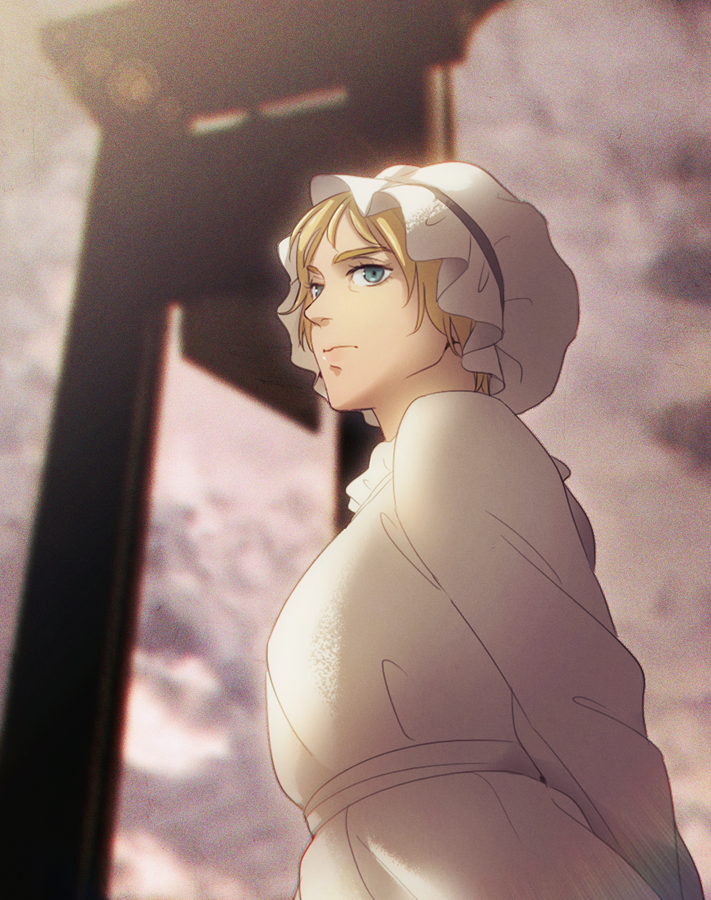 1girl arms_behind_back blonde_hair blue_eyes breasts christa_renz chromatic_aberration commentary_request dress from_below from_side guillotine hanpetos hat lens_flare medium_breasts mob_cap profile shingeki_no_kyojin solo spanish_commentary upper_body white_dress