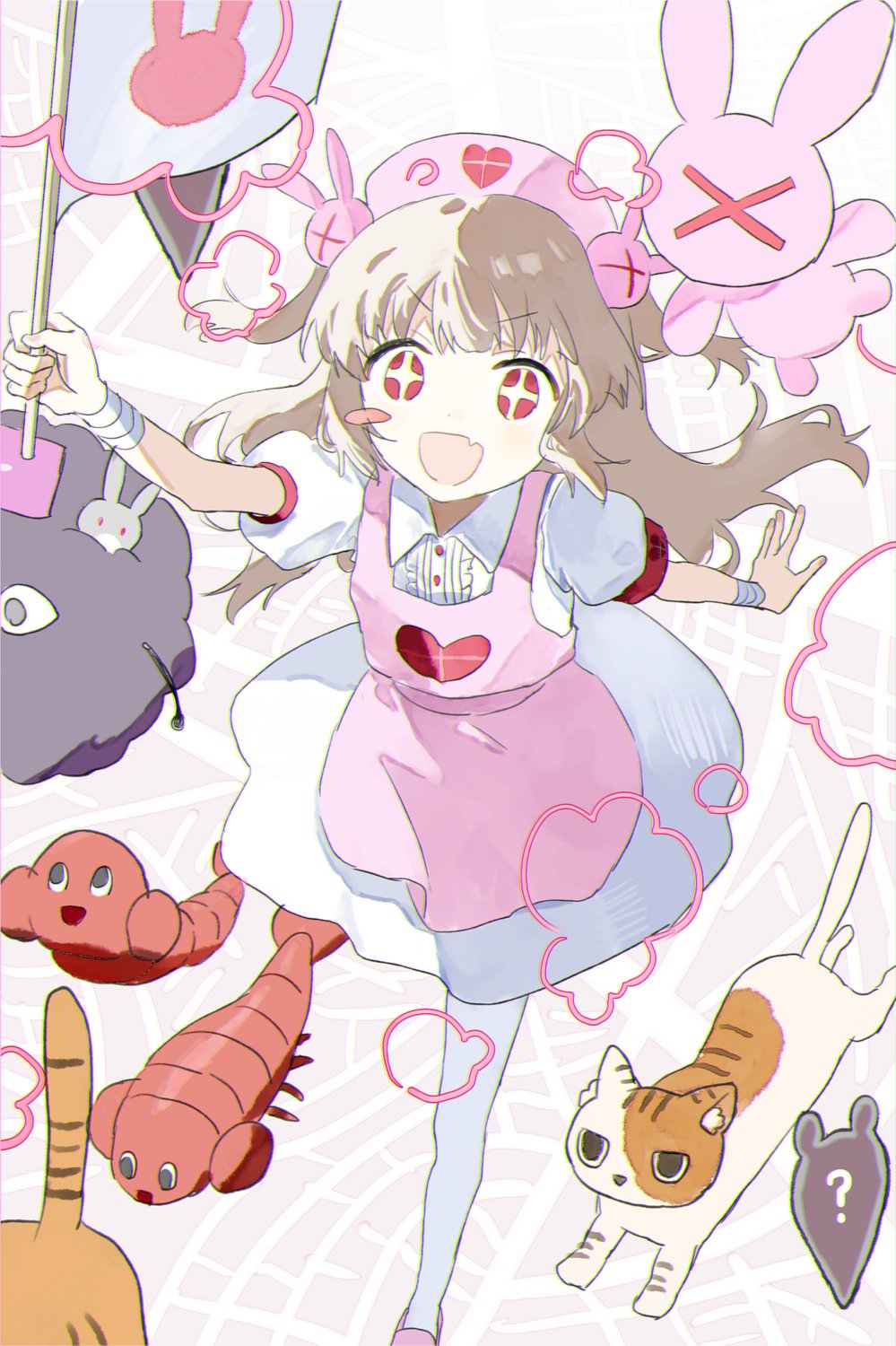 &gt;_&lt; 1girl :d apron arm_up bandaged_wrist bandages blush cat center_frills collared_dress dress fang flag frills from_above full_body hair_ornament hat heart heart_print highres holding holding_flag light_brown_hair long_hair looking_at_viewer natori_sana nmnm2332chan nurse_cap open_mouth pink_apron pink_footwear pink_headwear puffy_short_sleeves puffy_sleeves rabbit_hair_ornament red_eyes running sana_channel short_sleeves shrimp slippers smile solo sparkling_eyes stuffed_animal stuffed_rabbit stuffed_toy thighhighs two_side_up virtual_youtuber white_dress white_thighhighs