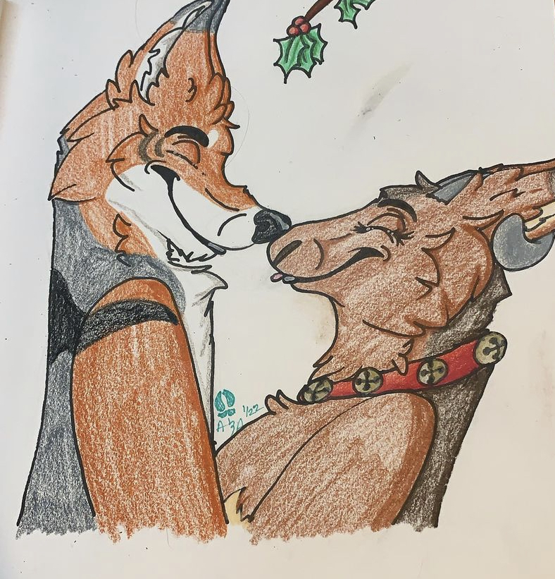 anthro aster(atlasnaster) atlas(atlasnaster) atlasnaster_(artist) bell bell_collar boop bovid brown_body brown_fur canid canine canis caprine collar duo female fur horn jackal male male/female mammal mistletoe nose_boop nose_to_nose orange_body orange_fur plant sheep