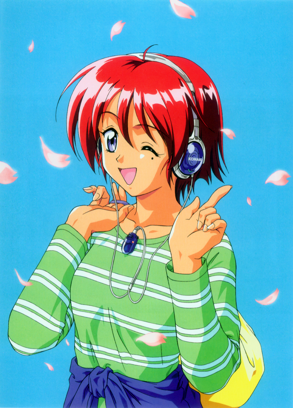 1990s_(style) blue_eyes blurry blurry_background carrying_over_shoulder green_skirt headphones highres hinomoto_hikari holding holding_sack kokura_masashi long_sleeves non-web_source official_art one_eye_closed open_mouth petals red_hair retro_artstyle sack shirt short_hair simple_background skirt striped striped_shirt tied_shirt tokimeki_memorial tokimeki_memorial_2