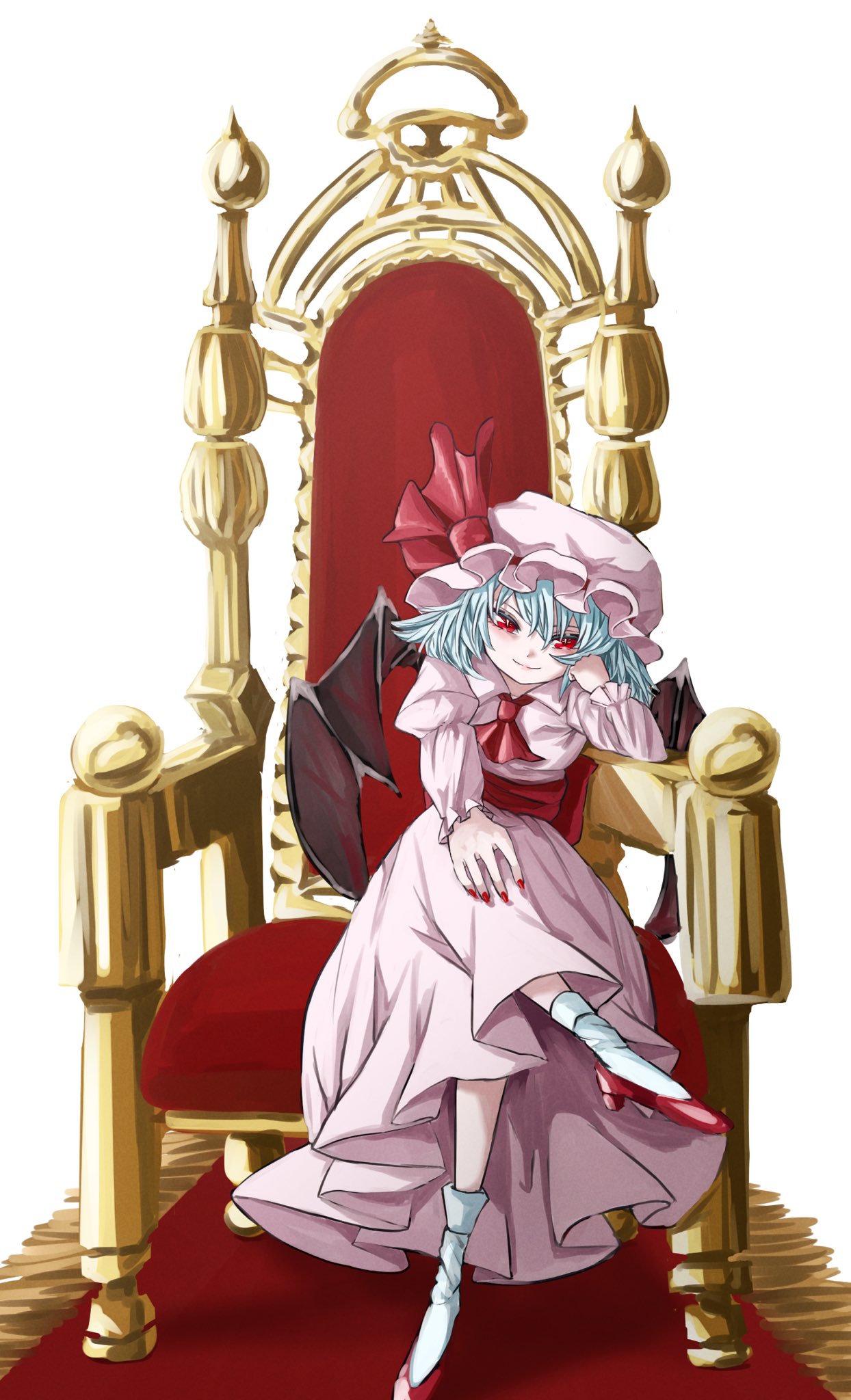 1girl alinoce716 bat_wings closed_eyes commentary full_body grey_hair hat hat_ribbon high_heels highres long_sleeves looking_at_viewer mob_cap pink_headwear red_eyes red_footwear red_nails red_ribbon remilia_scarlet ribbon short_hair sitting smile socks solo throne touhou white_background white_socks wings