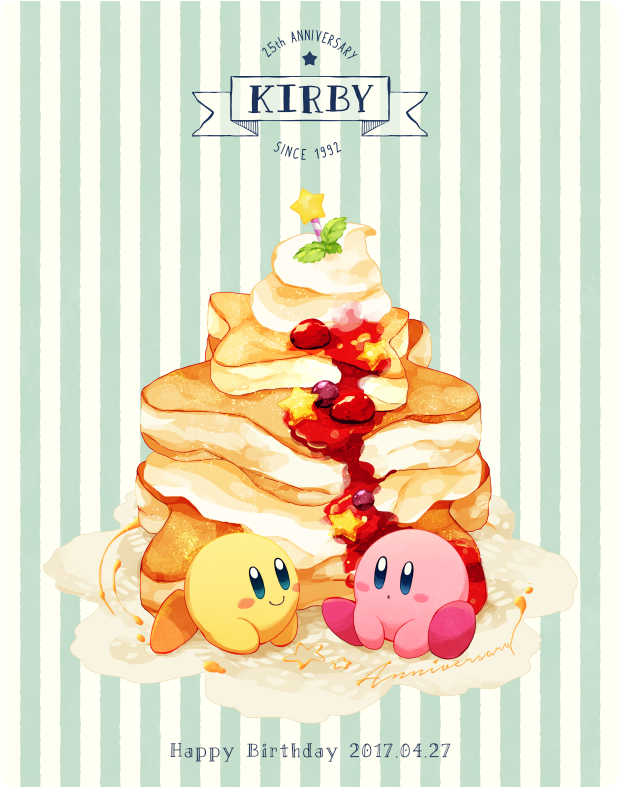 :o anniversary berry blue_eyes blush blush_stickers closed_mouth commentary_request dated food fruit green_background happy_birthday kirby kirby_(series) kotori_(lycka) looking_at_another mint no_humans pancake pancake_stack simple_background sitting smile star-shaped_food star_(symbol) star_rod strawberry_syrup striped striped_background two-tone_background whipped_cream white_background