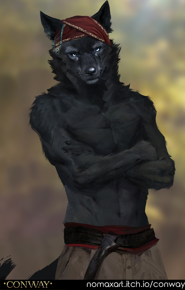 2023 anthro black_body black_fur black_nose bottomwear canid canine canis clothed clothing conway_(game) crossed_arms fur head_covering looking_at_viewer male mammal nomax pants partially_clothed red_belt solo tail text topless topless_male url white_eyes wolf wolf_(conway)