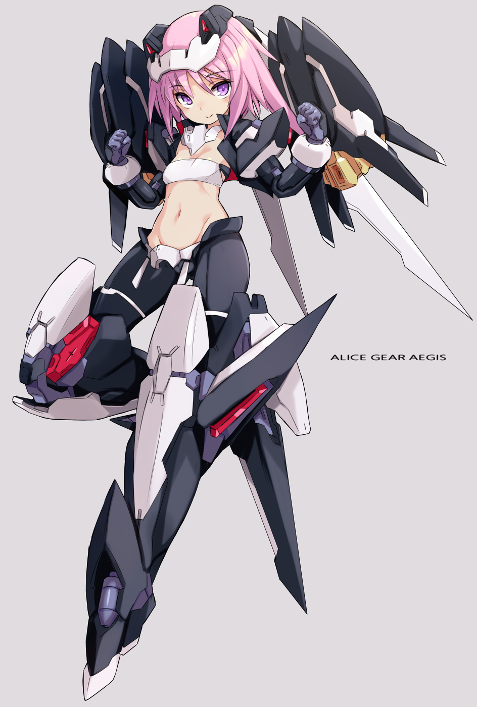 1girl alice_gear_aegis black_gloves breasts clenched_hands closed_mouth commentary_request copyright_name gloves grey_background groin hair_between_eyes hands_up headgear highres hirasaka_yotsuyu karukan_(monjya) looking_at_viewer mecha_musume navel pink_hair purple_eyes simple_background small_breasts smile solo