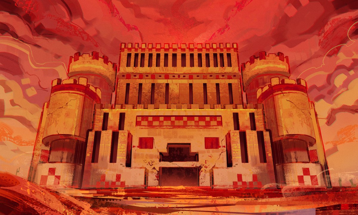 architecture castle cloud geometric_pattern landscape limited_palette no_humans o_pomb outdoors quackity_smp red_clouds red_sky red_theme sky