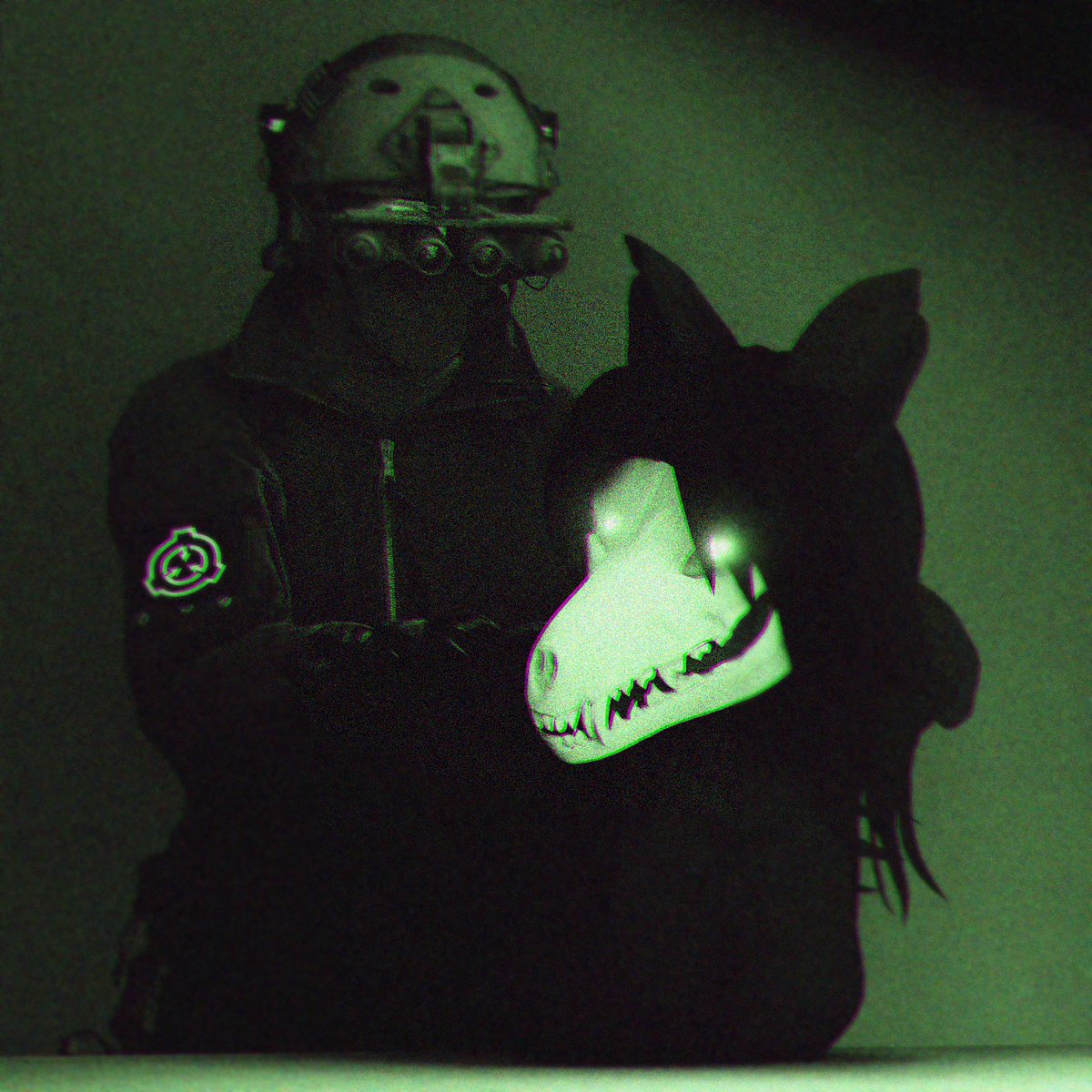 1:1 ambiguous_gender anthro biped black_body black_hair bone breasts canid canine clothed clothing female glowing glowing_eyes hair hi_res human humanoid malo mammal night_vision night_vision_goggles scp-1471 scp_foundation simple_background skull skull_head teeth topwear unknown_artist