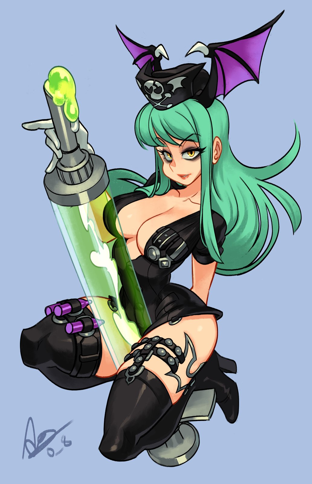 1girl alex_ahad bags_under_eyes bat_wings boots breasts cleavage demon_girl green_hair hat head_wings highres holding holding_syringe large_breasts large_syringe light_blue_background long_hair looking_at_viewer morrigan_aensland nurse nurse_cap official_alternate_color official_alternate_costume oversized_object parted_lips signature solo syringe thigh_boots vampire_(game) wings yellow_eyes