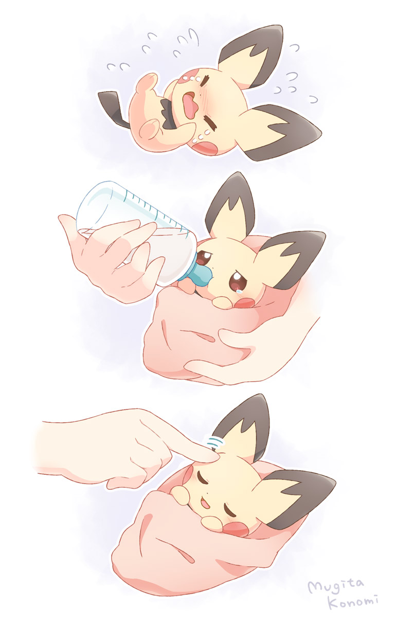 baby blanket bottle brown_eyes closed_eyes commentary_request crying disembodied_limb feeding flying_sweatdrops headpat highres holding holding_bottle mugita_konomi open_mouth pichu pokemon pokemon_(creature) signature smile tearing_up tears
