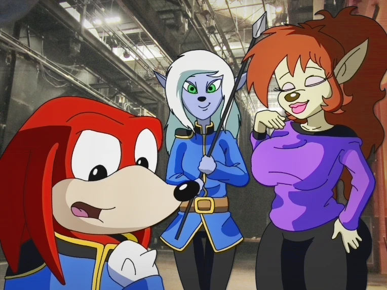 andromorph clothed clothing female flora_(sonic_underground) group intersex knuckles_the_echidna male melee_weapon mindy_latour polearm redraw sega sonic_the_hedgehog_(series) sonic_underground spear stock_image tamers12345's_sonic_underground trio uniform weapon wyerframez