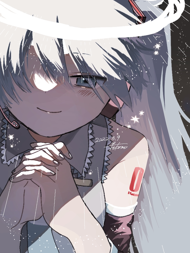 1girl arm_tattoo black_sleeves blue_eyes blue_hair blue_necktie blush dated detached_sleeves fukomo grey_shirt hair_ornament half-closed_eyes halo hatsune_miku headphones interlocked_fingers long_hair necktie own_hands_clasped own_hands_together portrait shirt signature sleeveless smile solo star_(symbol) tattoo twintails vocaloid