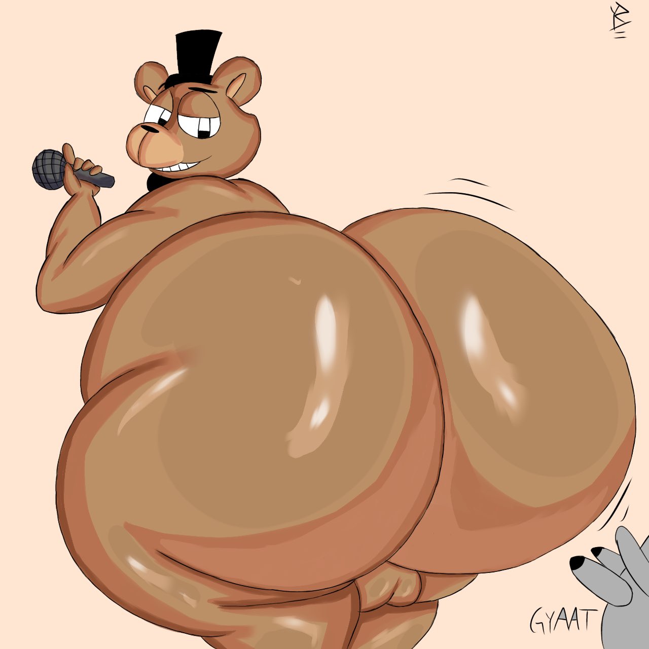 anthro balls bear being_watched big_butt brown_body brown_fur butt butt_focus duo five_nights_at_freddy's freddy_(fnaf) fur genitals hi_res huge_butt looking_at_another male male_focus mammal scottgames simple_background solo_focus yoshuacomoyoshu