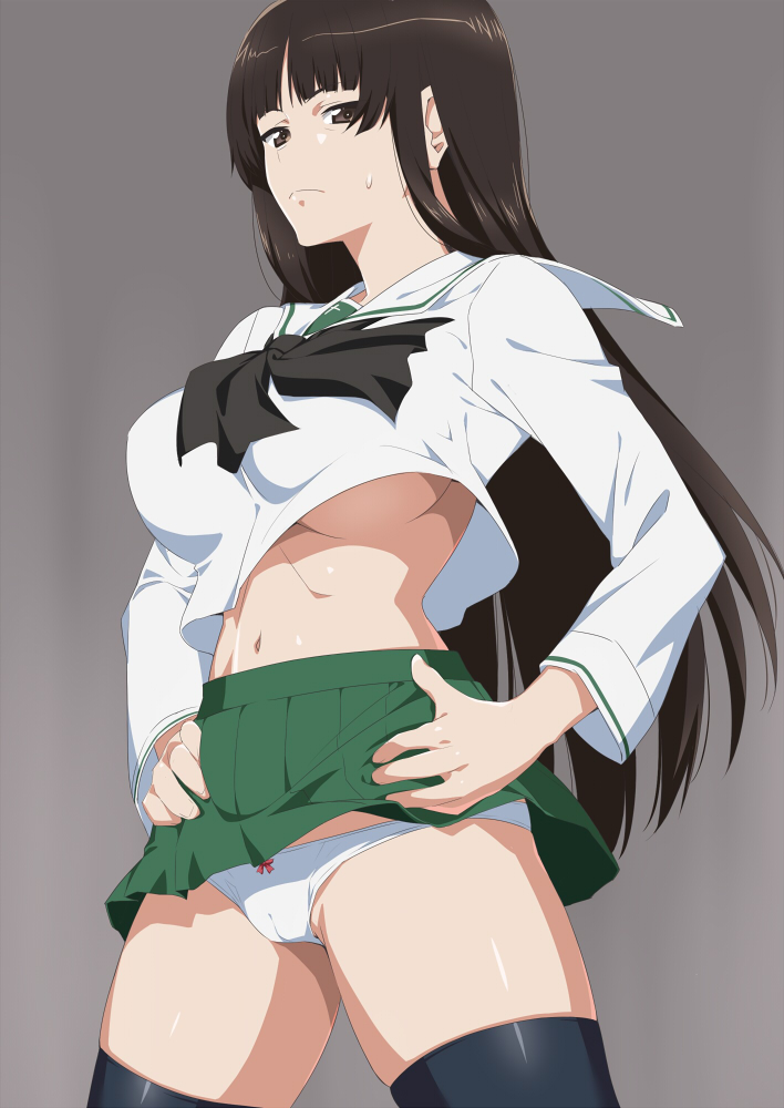 1girl adapted_costume alternate_costume black_eyes black_hair black_neckerchief black_thighhighs blouse blunt_bangs bow bow_panties breasts cameltoe clothes_lift commentary cowboy_shot cropped_shirt girls_und_panzer grey_background half-closed_eyes hands_on_own_hips large_breasts long_hair long_sleeves looking_at_viewer mature_female microskirt navel neckerchief nishizumi_shiho no_bra ooarai_school_uniform panties pleated_skirt sailor_collar school_uniform serafuku shichimenchou shirt shirt_lift simple_background skirt solo standing straight_hair sweat sweatdrop thighhighs underwear white_panties white_sailor_collar white_shirt wind wind_lift