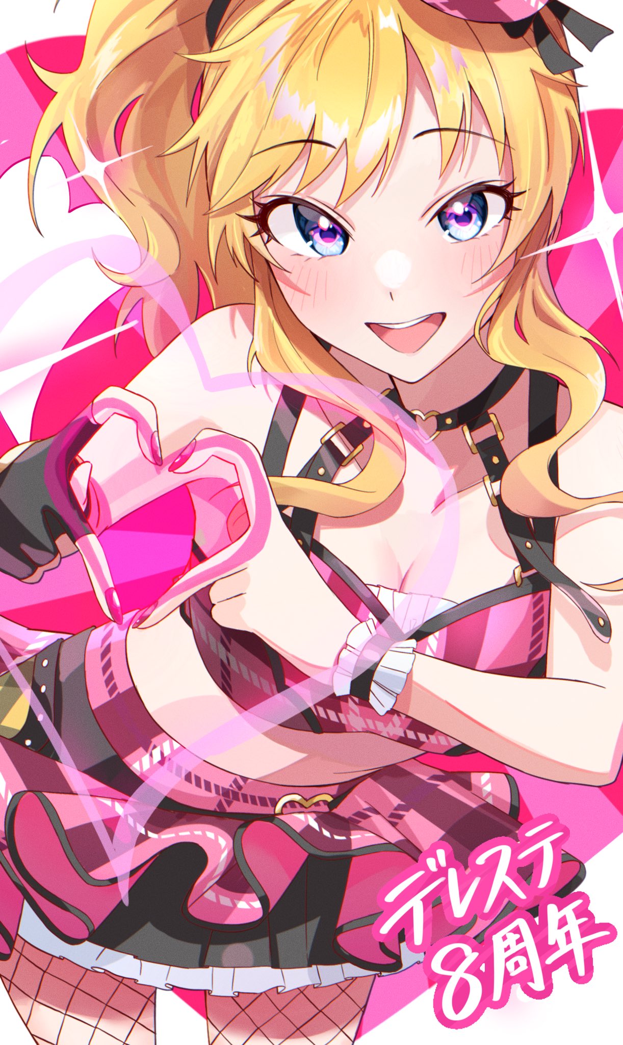 1girl armband ban_(puka_0507) black_choker blonde_hair blue_eyes blush breasts choker cleavage finger_heart fishnet_thighhighs fishnets frilled_armband frilled_skirt frills hair_ornament highres idolmaster idolmaster_cinderella_girls idolmaster_cinderella_girls_starlight_stage medium_breasts ohtsuki_yui open_mouth patterned_clothing side_ponytail skirt smile solo sparks thighhighs