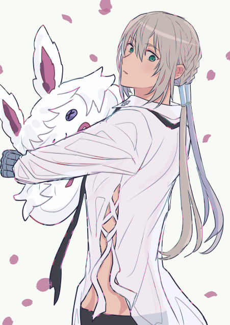 1boy bedivere_(fate) black_pants collared_shirt cross-laced_clothes falling_petals fate/grand_order fate_(series) fou_(fate) from_side green_eyes grey_hair hair_between_eyes hair_tubes long_hair long_sleeves looking_at_viewer looking_to_the_side low_twintails male_focus object_hug pants parted_lips petals prosthesis prosthetic_arm see-through shirt side_slit solo stuffed_toy sunameri_ai twintails upper_body white_background white_shirt