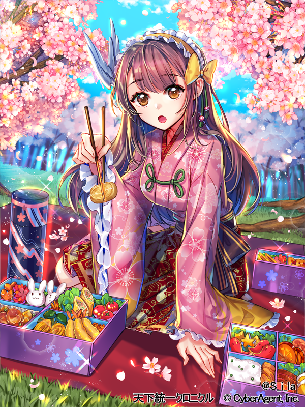 1girl :o arm_support bento blanket bottle bow broccoli cherry_blossoms cherry_tomato choppy_bangs chopsticks copyright day falling_petals flower food food_art frilled_sleeves frills grass hair_bow hanami holding holding_chopsticks incoming_food japanese_clothes kimono kimono_skirt lens_flare lettuce long_hair long_sleeves maid_headdress official_art omelet petals picnic pink_flower pink_kimono purple_hair red_skirt rice sakuramon shrimp shrimp_tempura sid_story sila_(carpen) sitting skirt solo sparkle tako-san_wiener tamagoyaki tempura tomato tree wide_sleeves wing_hair_ornament yellow_bow yellow_eyes yokozuwari