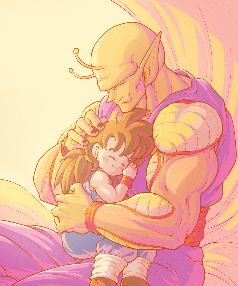 2boys ^_^ antennae biceps black_hair black_nails blue_pants blush child closed_eyes closed_mouth colored_skin commentary_request dougi dragon_ball dragon_ball_super dragon_ball_super_super_hero dragon_ball_z fingernails hair_between_eyes hand_on_another's_head happy highres hug koukyouji long_hair male_child male_focus multiple_boys muscular muscular_male namekian orange_piccolo orange_skin pants piccolo pointy_ears purple_pants red_sash red_wristband sash simple_background sitting smile son_gohan spiked_hair wristband yellow_background