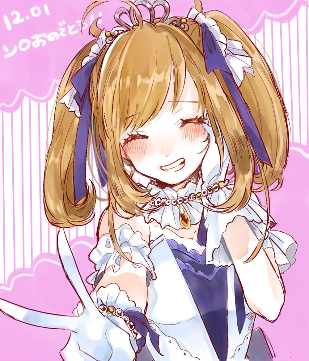 ^_^ ahoge arm_scrunchie blush brown_hair closed_eyes collarbone dated facing_viewer gloves grin idolmaster idolmaster_cinderella_girls keita_wiz sato_shin smile tiara twintails upper_body v white_gloves