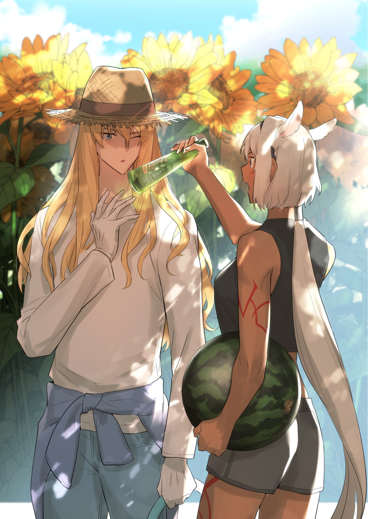 1boy 1girl ;o animal_ears black_hairband black_shirt blonde_hair blue_eyes blue_jacket blurry blurry_background body_markings bottle caenis_(fate) casual clothes_around_waist cloud cropped_shirt dappled_sunlight dark-skinned_female dark_skin denim extra_ears fate/grand_order fate_(series) flower food fruit gloves grey_shorts hairband hat holding holding_bottle holding_hose horse_ears hose jacket jacket_around_waist jeans kirschtaria_wodime long_hair long_sleeves looking_at_another nail_polish one_eye_closed open_mouth outdoors pants ponytail ponytail_holder sabamori shirt shorts sky sleeveless sleeveless_shirt straw_hat sunflower sunlight very_long_hair watermelon white_gloves white_hair white_nails white_shirt wince