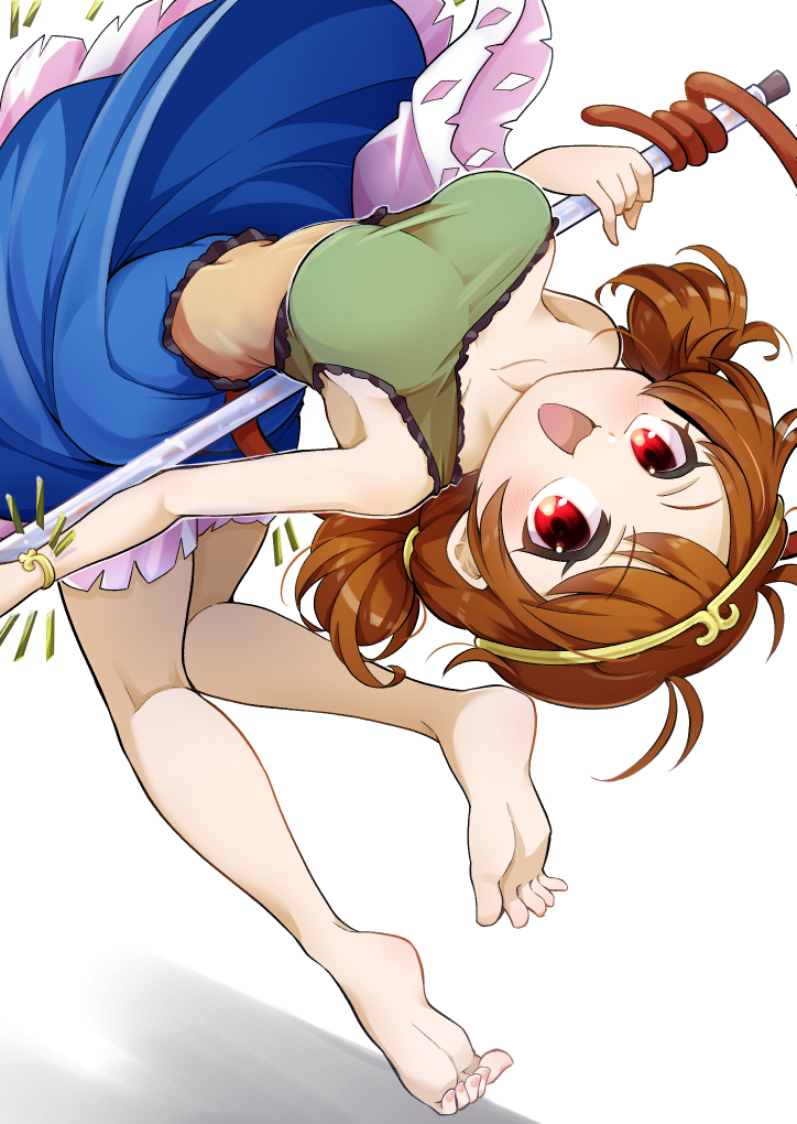 1girl barefoot blue_dress brown_hair circlet detached_sleeves dress futa_(nabezoko) green_dress long_hair low_twintails multicolored_clothes multicolored_dress open_mouth red_eyes simple_background single_detached_sleeve smile solo son_biten touhou twintails white_background white_sleeves yellow_dress