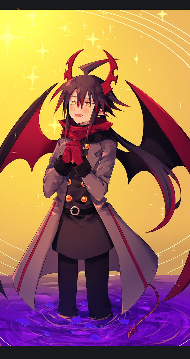 1boy belt black_belt black_hair black_pants black_shirt blush brown_coat coat demon_boy demon_tail demon_wings haiiro_teien highres ivlis long_hair low_ponytail male_focus multicolored_hair open_mouth own_hands_together pants pointy_ears purple_liquid red_hair red_scarf scarf shirt solo tail wings yellow_background zenryoku_eimin
