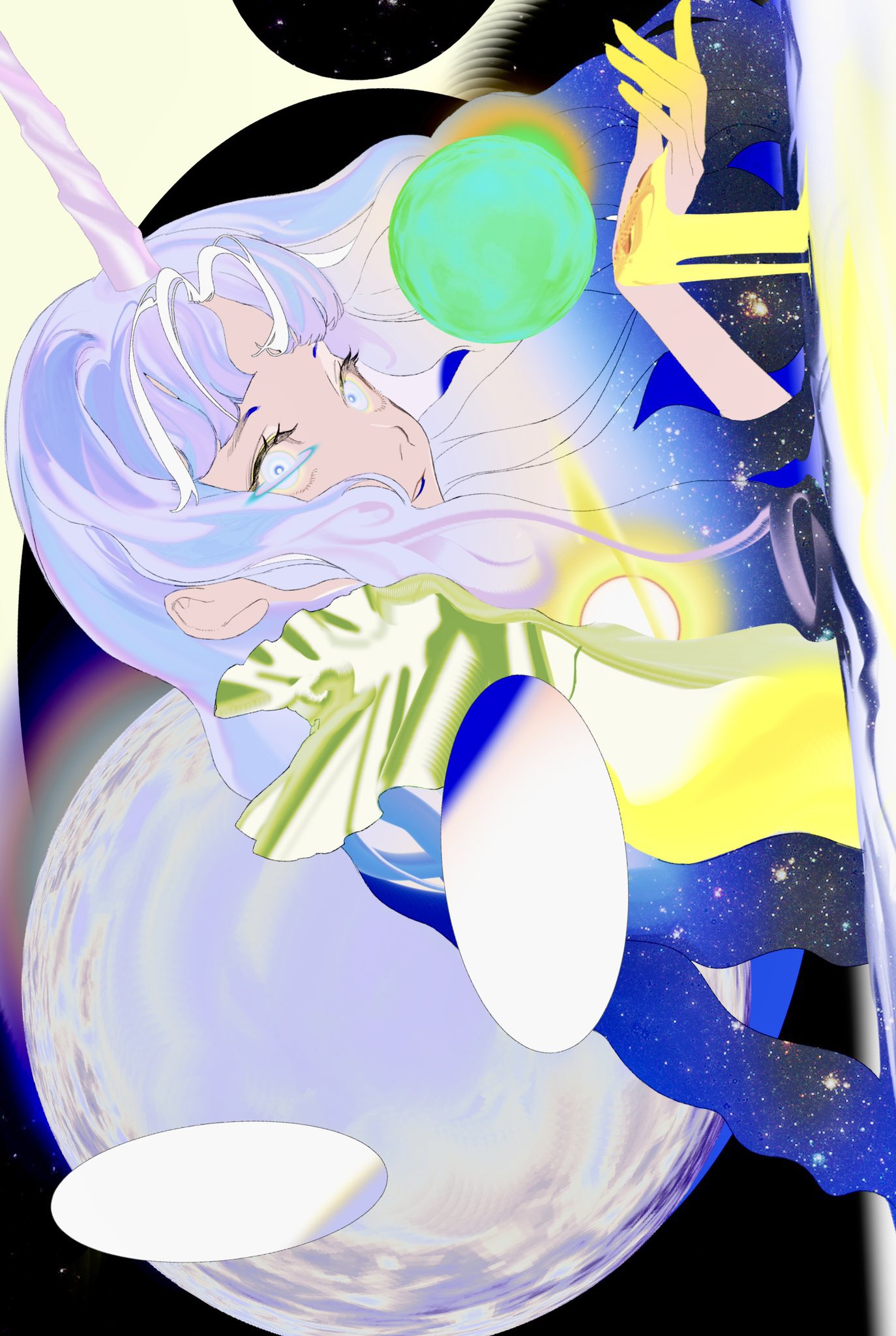 1girl blue_eyes colorful highres horns ka9_qq light_purple_hair long_hair long_sleeves looking_at_viewer moon multicolored_eyes multicolored_hair original parted_bangs parted_lips patterned_clothing planet purple_eyes sand scarf sidelocks single_horn solo star_(sky) star_(symbol) sun universe upper_body