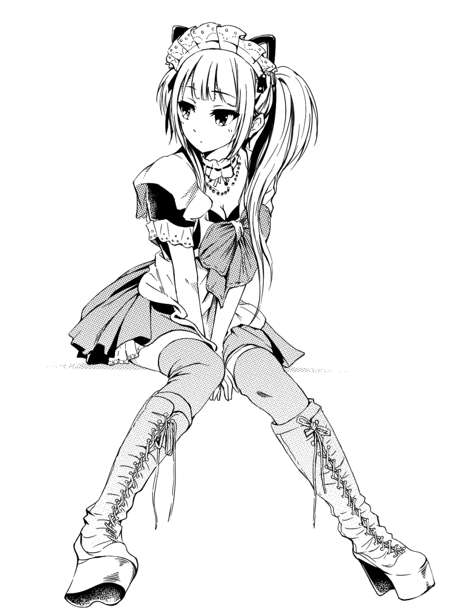 1girl alternate_costume alternate_hairstyle angel_beats! animal_ears apron between_legs black_shirt blunt_bangs boots bow breasts cat_ears choker cleavage closed_mouth commentary_request cross-laced_footwear enmaided expressionless eyelashes frilled_choker frilled_sleeves frills full_body hand_between_legs highres jewelry knees_together_feet_apart light_blush long_hair looking_to_the_side maid maid_apron maid_headdress medium_breasts miniskirt monochrome necklace pearl_necklace pleated_skirt shirt short_sleeves side_ponytail simple_background skirt solo tazu v_arms white_background yusa_(angel_beats!) zettai_ryouiki