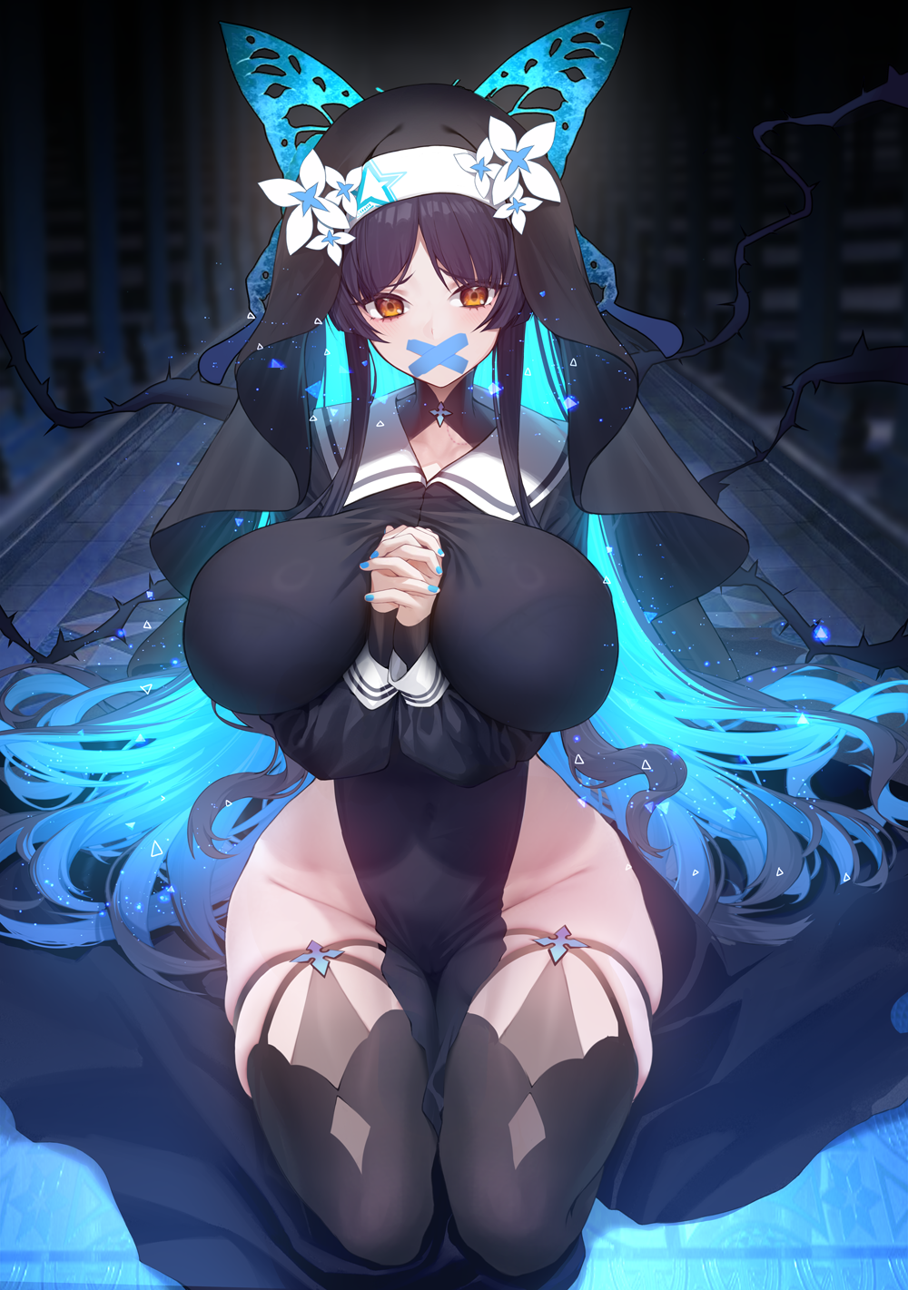 1girl black_headwear black_thighhighs blue_hair blue_nails blush breasts full_body gag highres huge_breasts improvised_gag kneeling long_hair nail_polish nun orange_eyes original own_hands_together sidelocks solo tape tape_gag thighhighs thighs xiujia_yihuizi