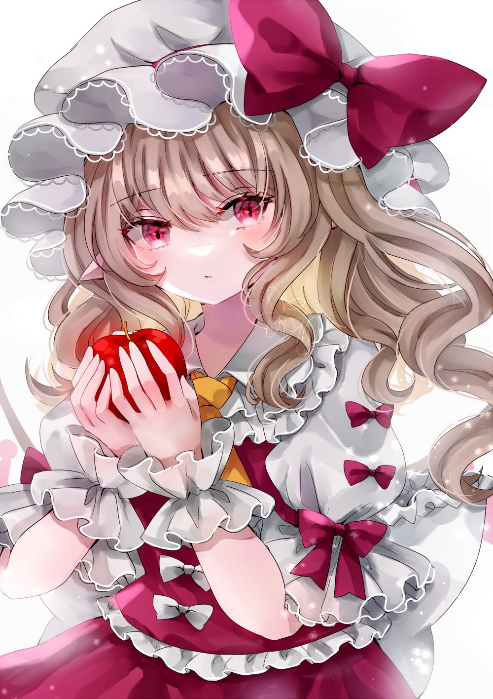 1girl apple blonde_hair blush collared_shirt flandre_scarlet food frilled_shorts frills fruit hair_between_eyes hat highres holding holding_food holding_fruit jaku_sono long_hair mob_cap one_side_up parted_lips pointy_ears red_eyes red_skirt red_vest shirt short_sleeves shorts simple_background skirt solo touhou vest white_background white_headwear white_shirt wrist_cuffs