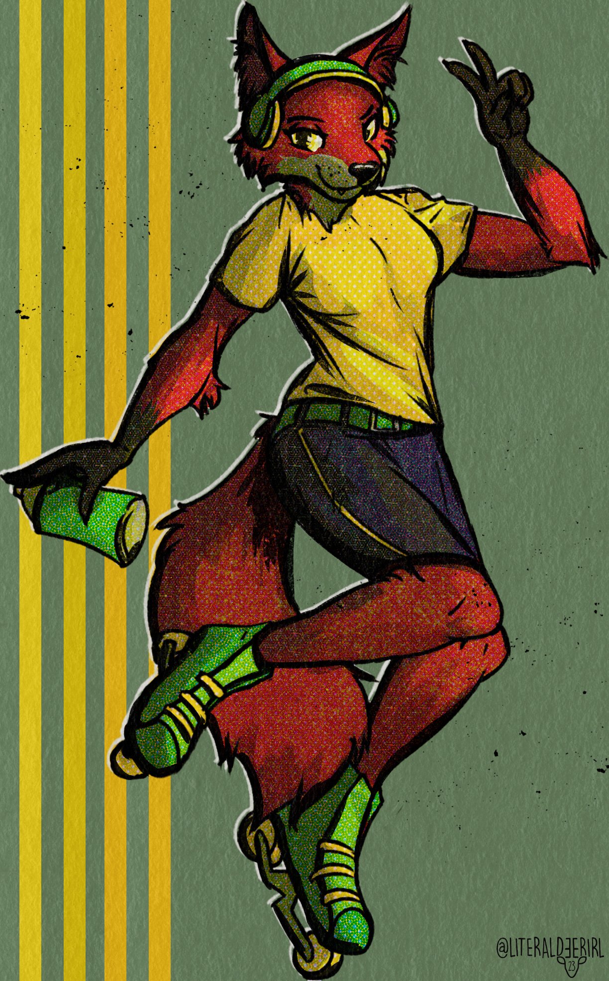 2023 anthro belt black_nose blue_bottomwear blue_clothing blue_shorts bottomwear breasts canid canine clothed clothing digital_drawing_(artwork) digital_media_(artwork) eyebrows fangs female fox full-length_portrait fur gesture green_background green_belt grey_body grey_fur headphones hi_res inline_skates literaldeerirl looking_at_viewer mammal plantigrade portrait red_body red_fox red_fur roller_skates screentone shaded shirt shorts simple_background smile solo spray_can t-shirt tail teeth topwear v_sign yellow_clothing yellow_eyes yellow_shirt yellow_topwear