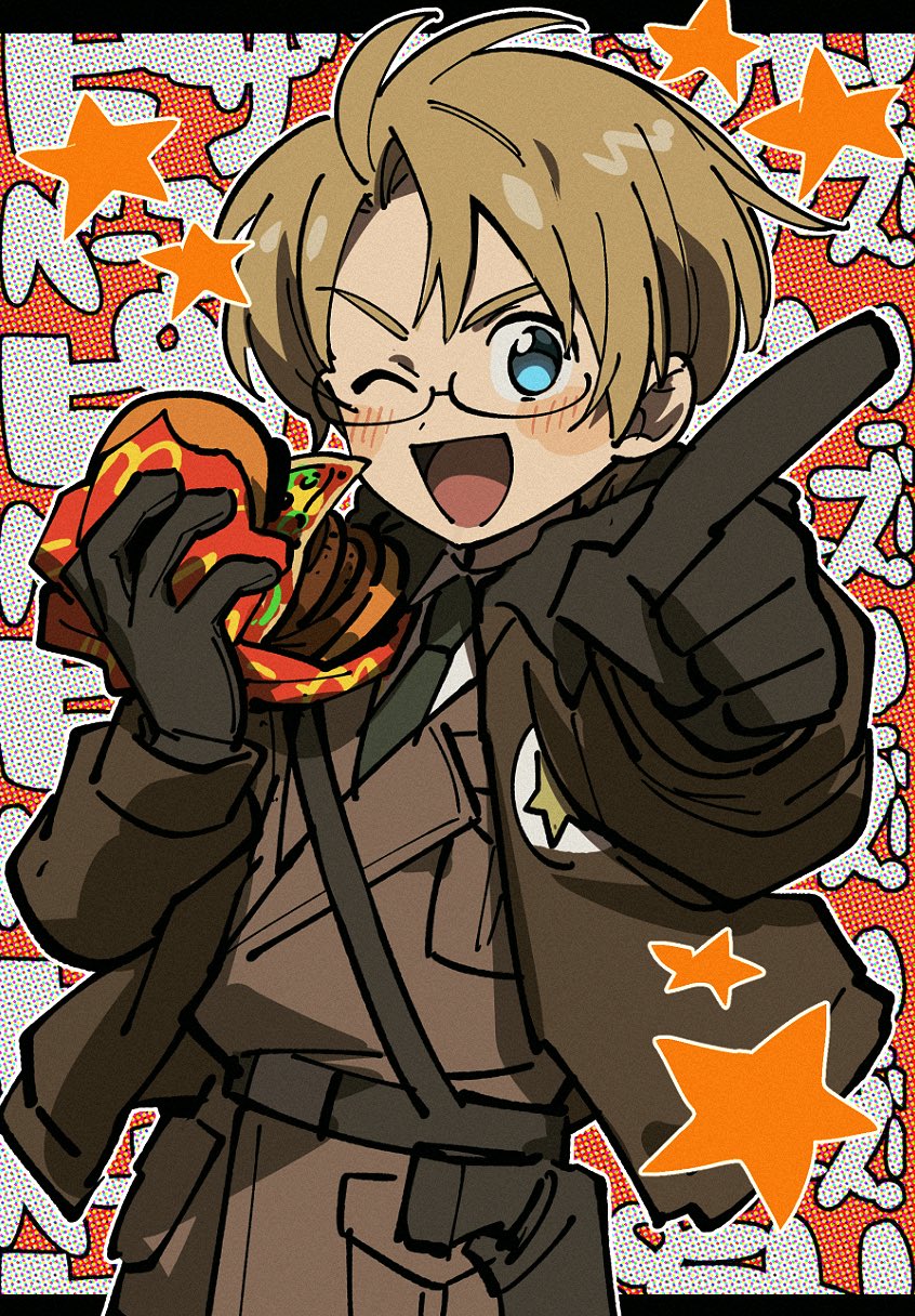 1boy america_(hetalia) axis_powers_hetalia black_gloves black_necktie blue_eyes blush brown_gloves brown_hair burger collared_shirt food glasses gloves highres holding holding_food index_finger_raised jacket karabako long_sleeves looking_at_viewer male_focus necktie one_eye_closed open_clothes open_jacket open_mouth shirt star_(symbol) white_shirt