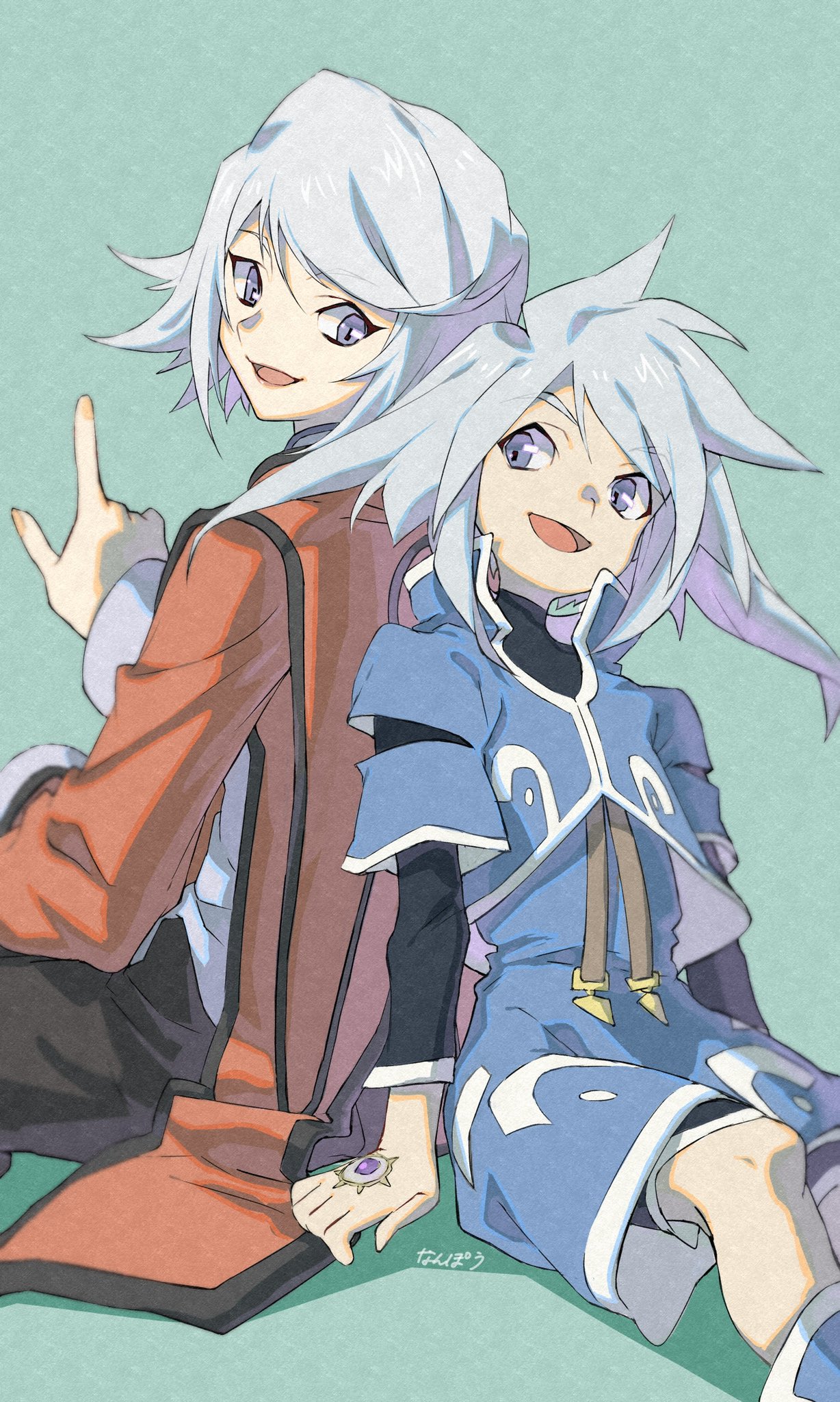 1boy 1girl age_difference blue_eyes brother_and_sister genis_sage grey_eyes grey_hair highres long_hair long_sleeves looking_at_another nanpou_(nanpou0021) open_mouth raine_sage siblings simple_background smile tales_of_(series) tales_of_symphonia white_hair