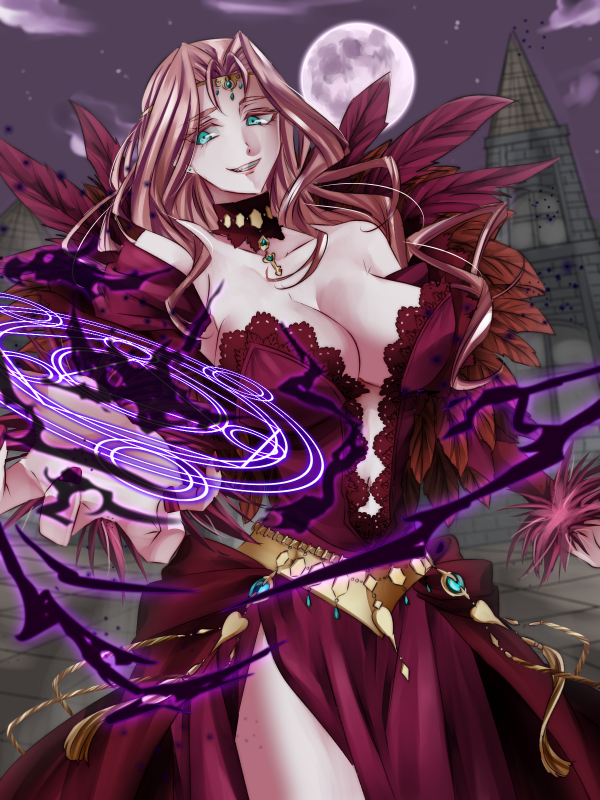 1girl arizigoku0627 bare_shoulders breasts building circlet cleavage cloud collarbone cornelia_arnim cowboy_shot detached_sleeves dress feather_trim feathers fire_emblem fire_emblem:_three_houses forehead_jewel full_moon fur_cuffs gorget green_eyes jewelry key_necklace large_breasts long_hair looking_at_viewer magic_circle mature_female moon navel necklace night night_sky outdoors pink_hair plunging_neckline side_slit sky smile solo