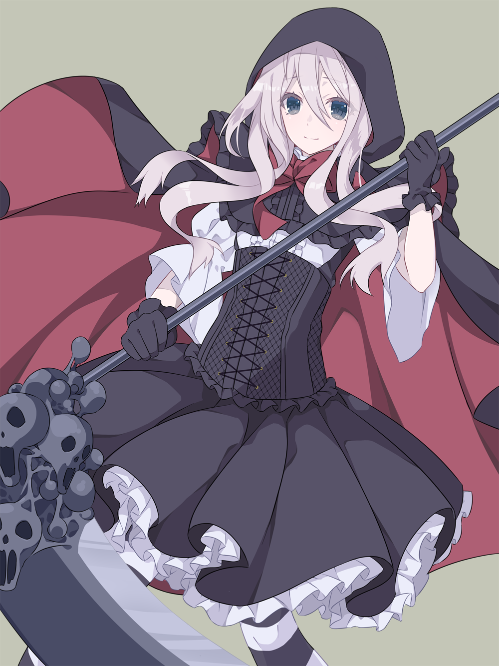 1girl black_cape black_corset black_gloves black_skirt blue_eyes bow bowtie cape center_frills corset feet_out_of_frame frilled_skirt frills gloves grey_background grey_hair hair_between_eyes highres holding holding_scythe holding_weapon hood hood_up hooded_cape looking_at_viewer mashita_(kuzsat) original red_bow red_bowtie scythe shirt sidelocks simple_background skirt skull sleeves_past_elbows smile solo striped striped_thighhighs thighhighs two-sided_cape two-sided_fabric weapon white_shirt