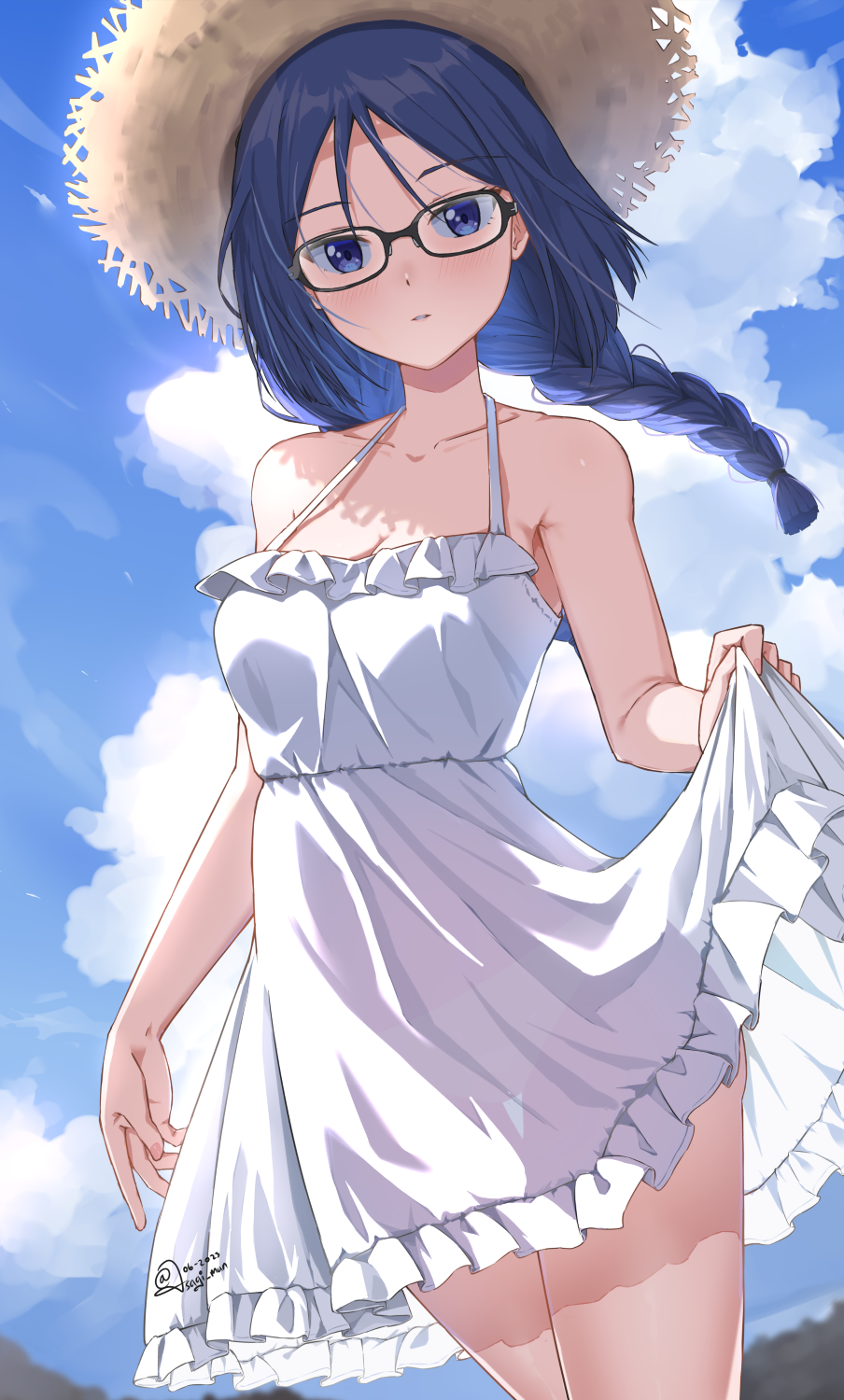 1girl alice_gear_aegis as4gi bare_arms bare_shoulders black-framed_eyewear blue_eyes blue_hair blue_sky braid breasts brown_headwear closed_mouth cloud collarbone cowboy_shot day dress frilled_dress frills glasses hat highres long_hair looking_at_viewer medium_breasts momoshina_fumika outdoors parted_lips see-through signature single_braid skirt_hold sky sleeveless sleeveless_dress smile solo straw_hat sundress thigh_gap