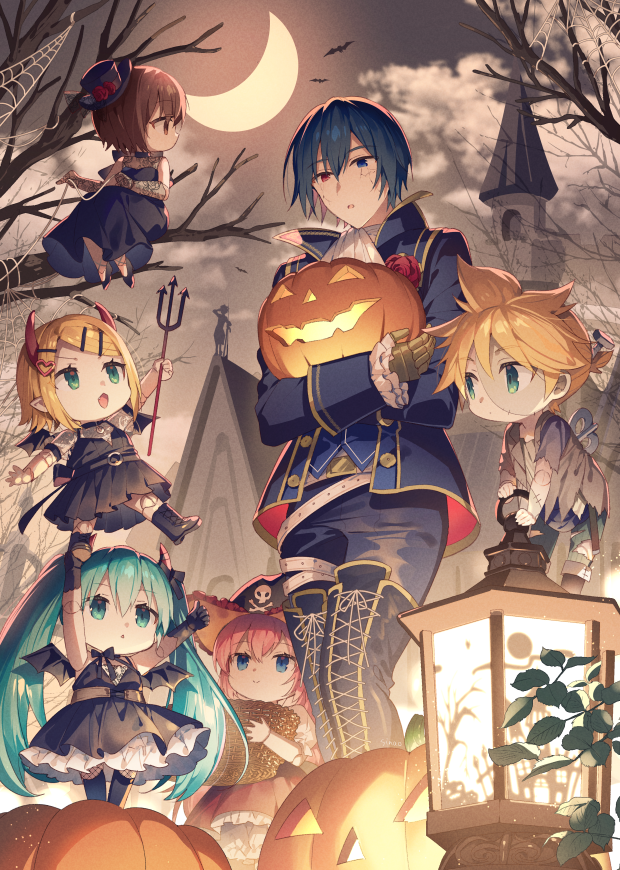 2023 2boys 4girls bat_wings blonde_hair blue_hair brown_eyes brown_hair chibi church commentary_request cosplay crescent_moon demon_horns frankenstein's_monster frankenstein's_monster_(cosplay) green_eyes green_hair halloween halloween_costume hat hatsune_miku heterochromia holding_trident horns jack-o'-lantern kagamine_len kagamine_rin kaito_(vocaloid) lamp megurine_luka meiko_(vocaloid) moon multiple_boys multiple_girls night night_sky pirate_hat polearm project_diva_(series) pumpkin requiem_(module) short_hair silk sinaooo sky spider_web trident twintails vocaloid weapon wings