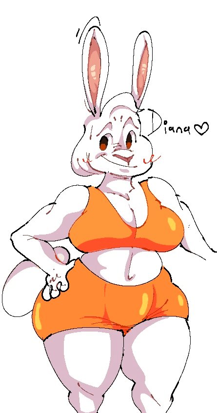 &lt;3 anthro big_butt bottomwear breasts brown_eyes butt clothed clothing crop_top d0ncassidy digital_media_(artwork) female front_view fur hand_on_hip lagomorph leporid long_ears looking_aside mammal midriff navel orange_bottomwear orange_clothing orange_shorts orange_topwear rabbit shirt shorts solo standing text thick_thighs topwear white_body white_fur