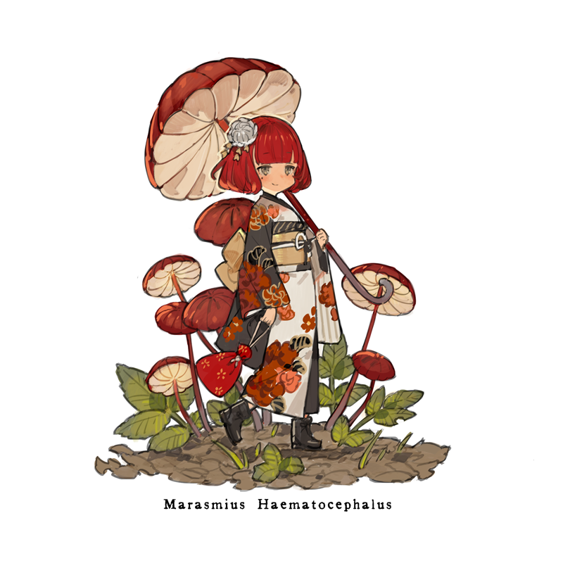 1girl bag black_footwear blush boots bow closed_mouth flower grass hair_flower hair_ornament holding holding_bag holding_umbrella japanese_clothes kimono light_smile long_sleeves looking_ahead mole multicolored_clothes multicolored_kimono mushroom mushroom_umbrella original plant red_flower red_hair scientific_name short_hair smile starshadowmagician umbrella walking white_background white_flower yellow_bow