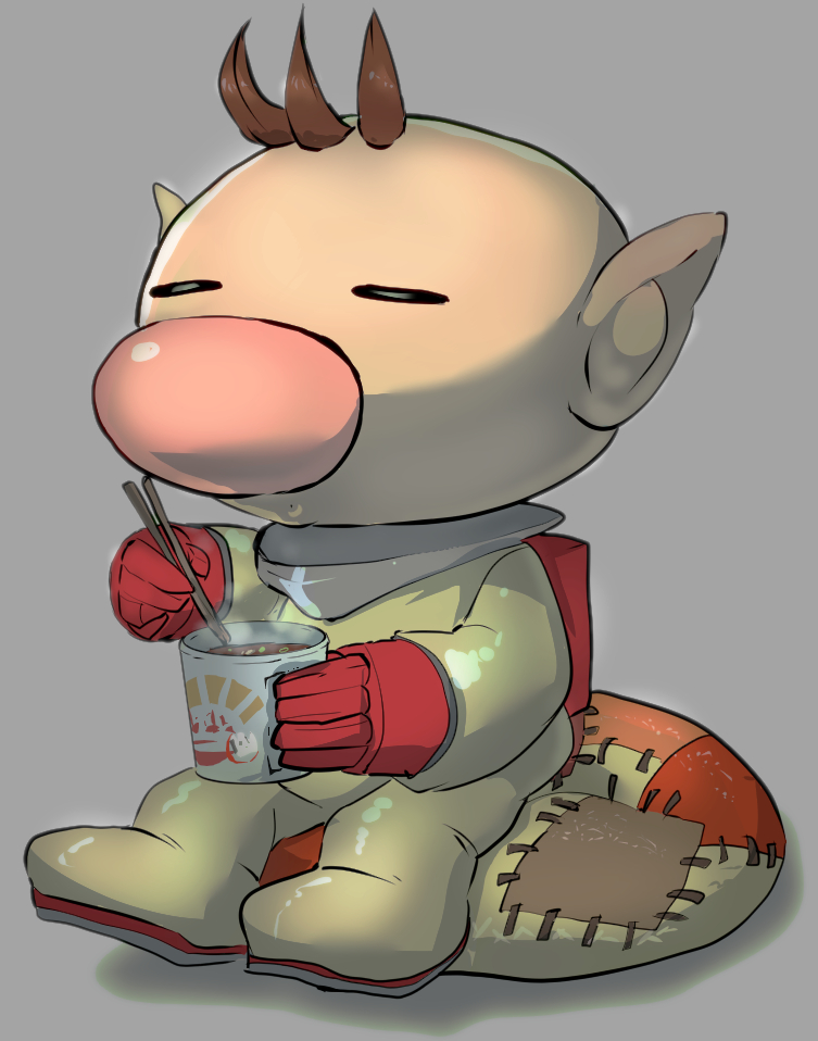 1boy alien backpack bag bean_bag_chair big_nose brown_hair chopsticks closed_eyes commentary_request cup cup_ramen gloves grey_background holding holding_chopsticks holding_cup isibatamako male_focus no_headwear olimar parted_lips pikmin_(series) pink_nose pointy_ears red_bag red_gloves shadow short_hair sitting spacesuit steam very_short_hair