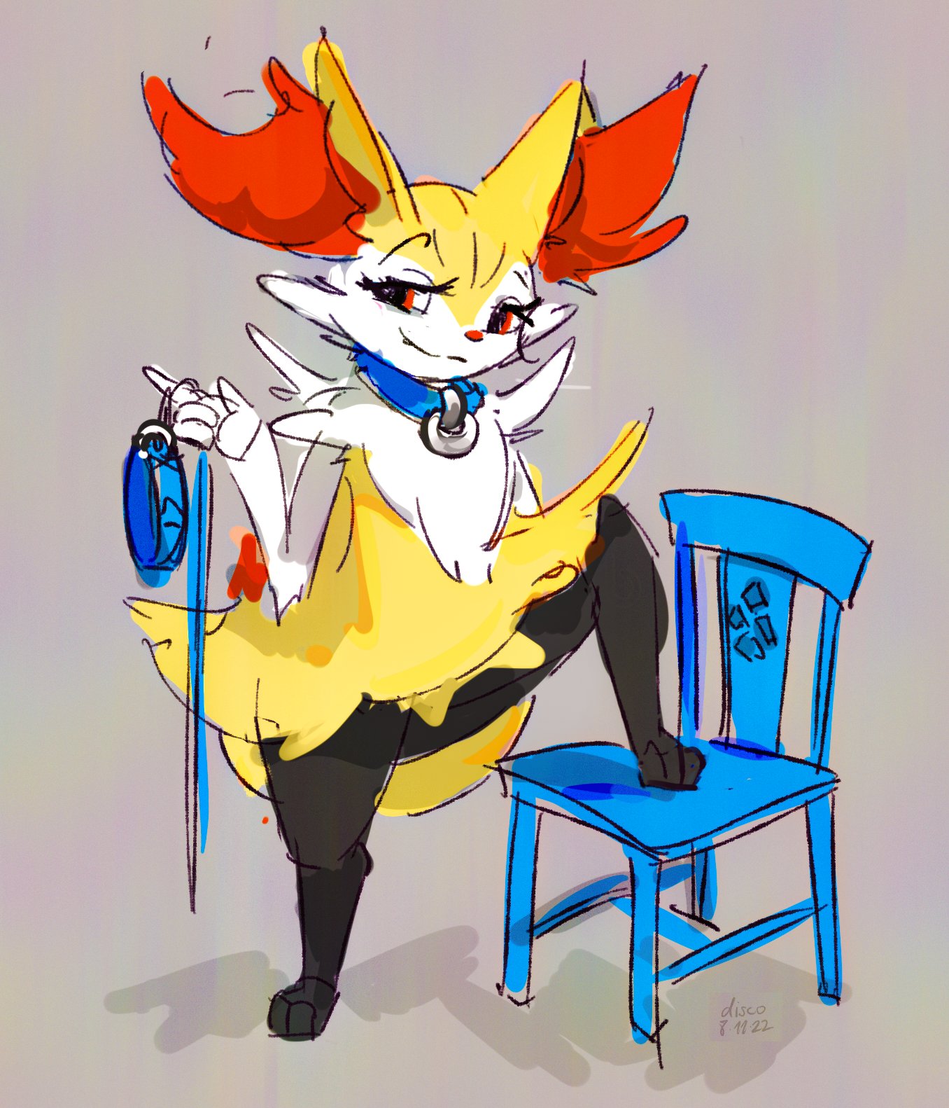 ambiguous_gender anthro black_body black_paws blue_chair blue_collar blue_leash braixen canid canine chair collar collar_only discocci foot_on_chair fox fur furniture generation_6_pokemon grey_background hi_res holding_leash holding_object inner_ear_fluff leash looking_at_viewer mammal multicolored_body multicolored_fur nintendo nude occi on_chair pokemon pokemon_(species) red_body red_eyes red_fur red_inner_ear_fluff shadow simple_background smile solo standing_on_chair tuft white_body white_fur wood wood_chair wood_furniture yellow_body yellow_ears yellow_fur