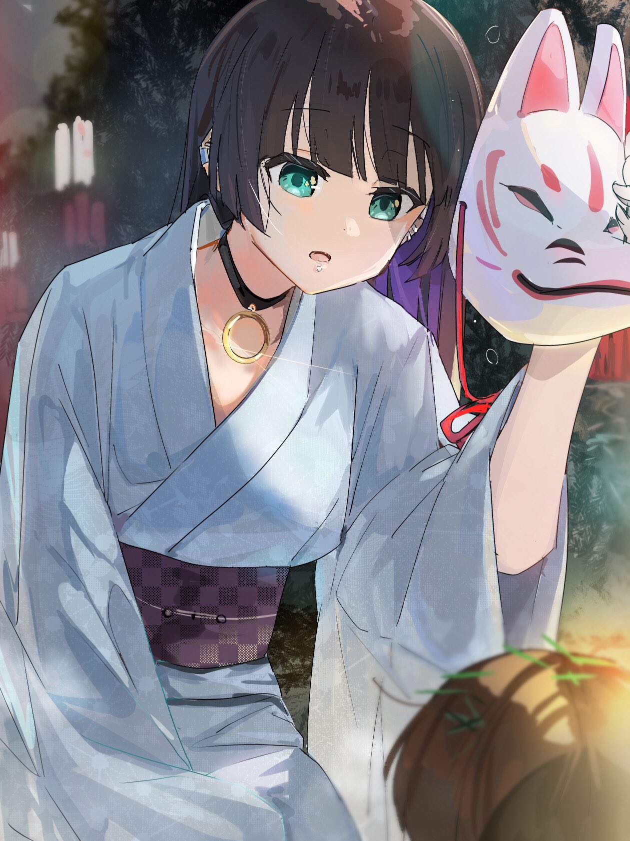 1girl 1other aqua_eyes black_choker black_hair blue_kimono blunt_bangs blunt_ends bocchi_the_rock! chin_piercing choker colored_inner_hair commentary_request cowboy_shot earclip fox_mask funi_mu9 highres holding holding_mask japanese_clothes kimono long_hair long_sleeves mask multicolored_hair o-ring o-ring_choker obi open_mouth outdoors pa-san purple_hair sash shadow unmoving_pattern wide_sleeves yukata