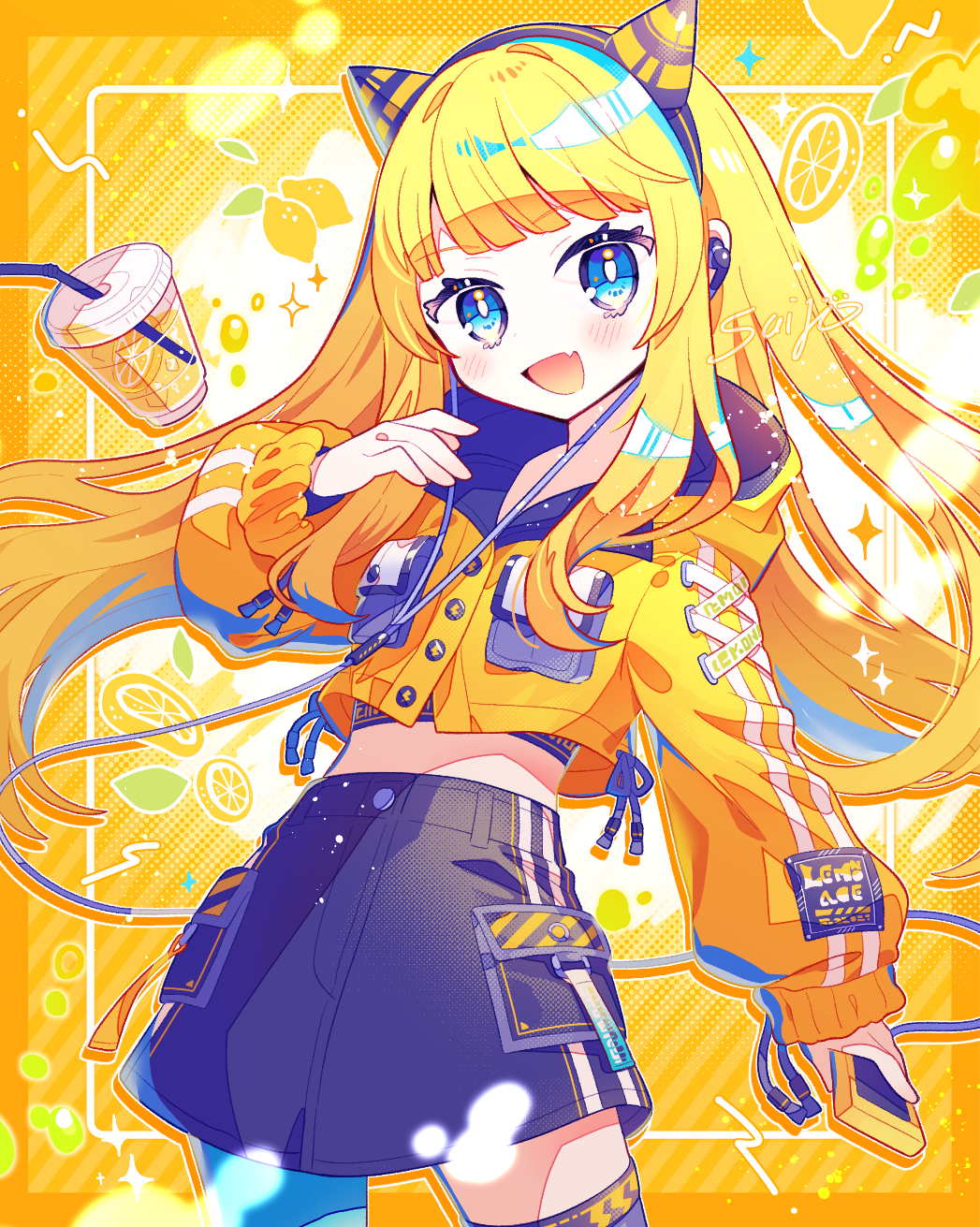 1girl :d baggy_clothes black_skirt black_thighhighs blonde_hair blue_eyes blunt_bangs blush border buttons commentary_request contrapposto cowboy_shot cropped_jacket cross-laced_clothes digital_media_player drinking_straw earbuds earphones fake_horns fang floating_hair food fruit halftone highres horns jacket lemon lemon_slice long_hair long_sleeves looking_at_viewer midriff open_mouth orange_border orange_jacket original outside_border saijo1201 signature skin_fang skirt sleeves_past_wrists smile solo sparkle striped striped_jacket thighhighs vertical-striped_jacket vertical_stripes