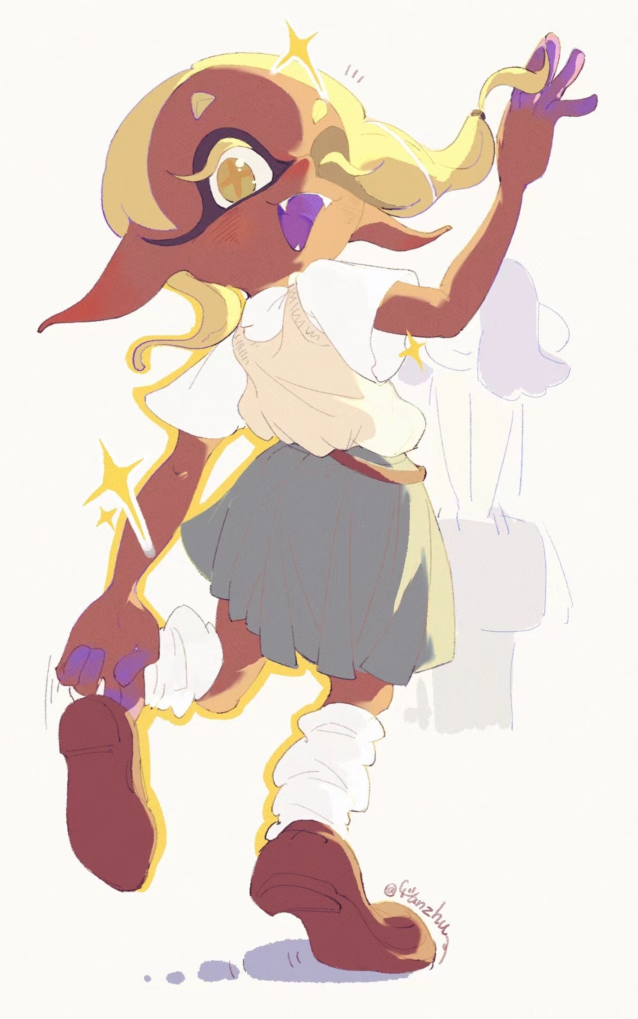 +_+ 2girls ;d arm_up artist_name asymmetrical_hair blonde_hair blush brown_footwear brown_sweater_vest brown_vest colored_skin colored_tongue commentary_request dark-skinned_female dark_skin eyelashes fangs floating_hair forehead frye_(splatoon) grey_skirt highres looking_at_viewer looking_back loose_socks medium_hair multicolored_skin multiple_girls one_eye_closed open_mouth pleated_skirt pointy_ears purple_skin purple_tongue school_uniform shirt shirt_tucked_in shiver_(splatoon) shoes short_eyebrows short_sleeves simple_background skirt smile socks solo_focus splatoon_(series) splatoon_3 star-shaped_pupils star_(symbol) sweater_vest symbol-shaped_pupils take_yanzhu tentacle_hair tongue vest white_background white_shirt white_socks yellow_eyes