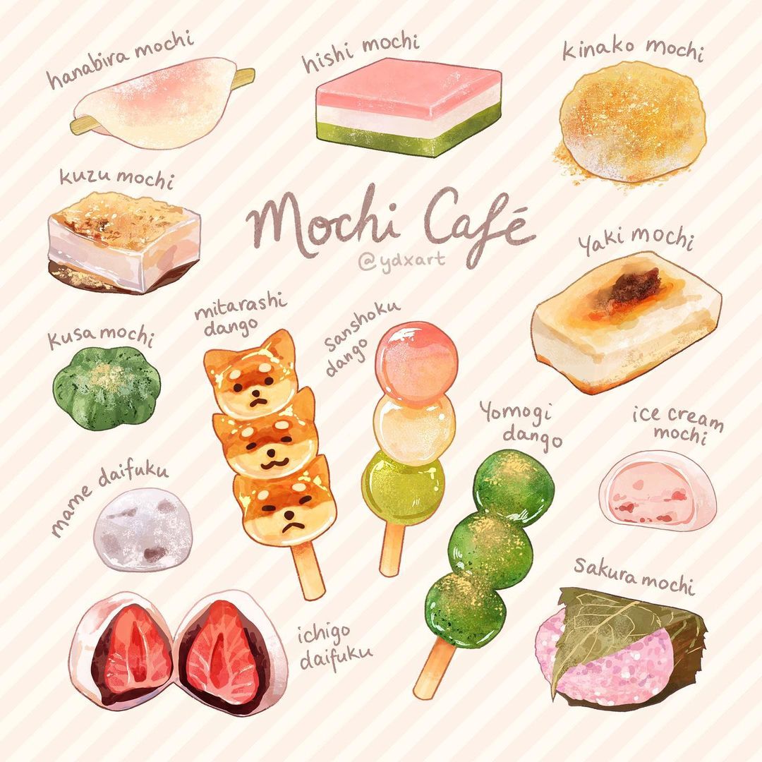 animal-themed_food commentary daifuku dango english_commentary english_text food food_focus fruit hanabira_mochi ichigo_daifuku instagram_username mame_daifuku_(food) mitarashi_dango mochi no_humans original sakura_mochi sanshoku_dango strawberry strawberry_slice striped striped_background wagashi white_background ydxart